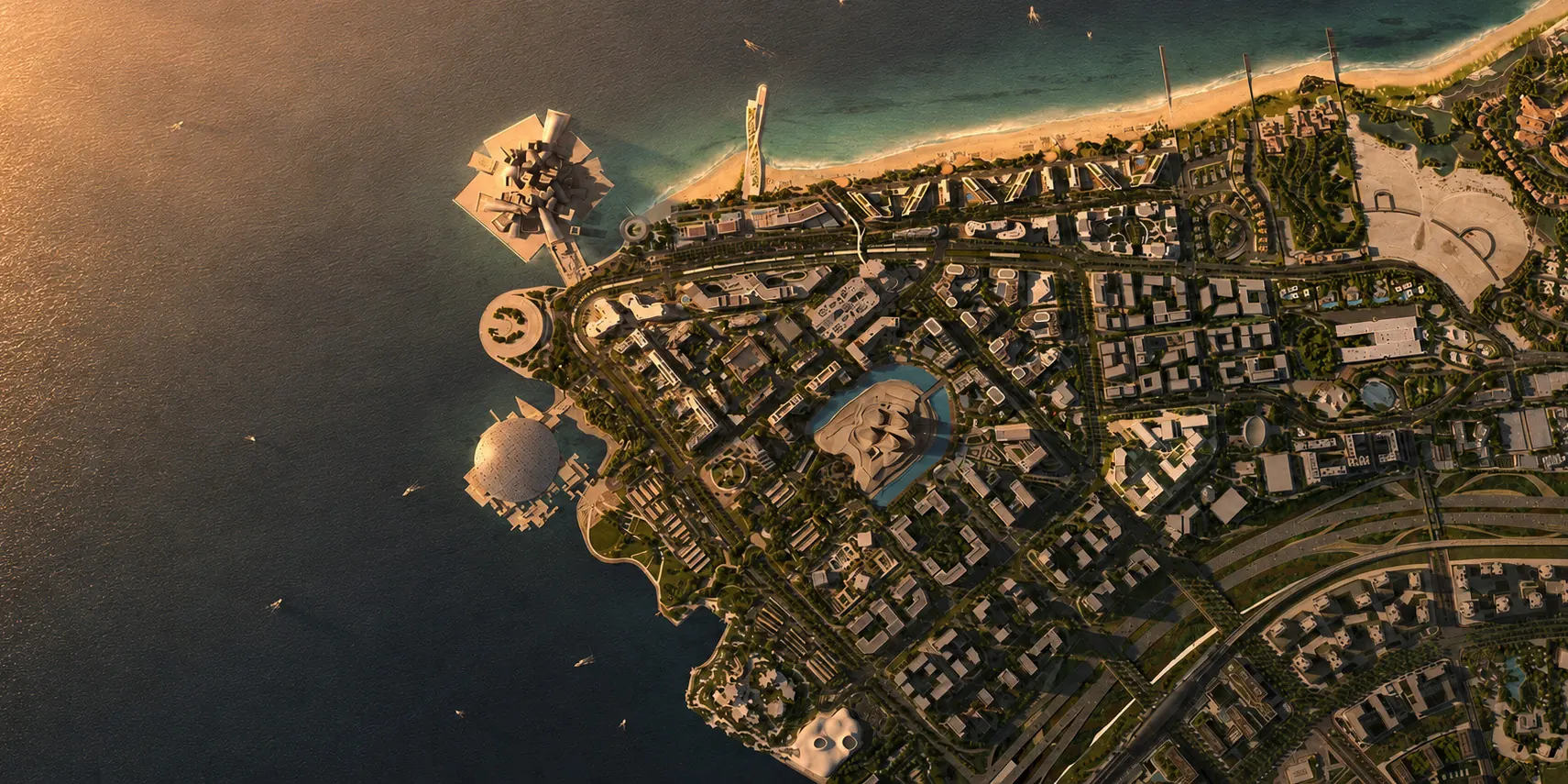 Aerial view of Saadiyat Cultural District and the Arabian Gulf