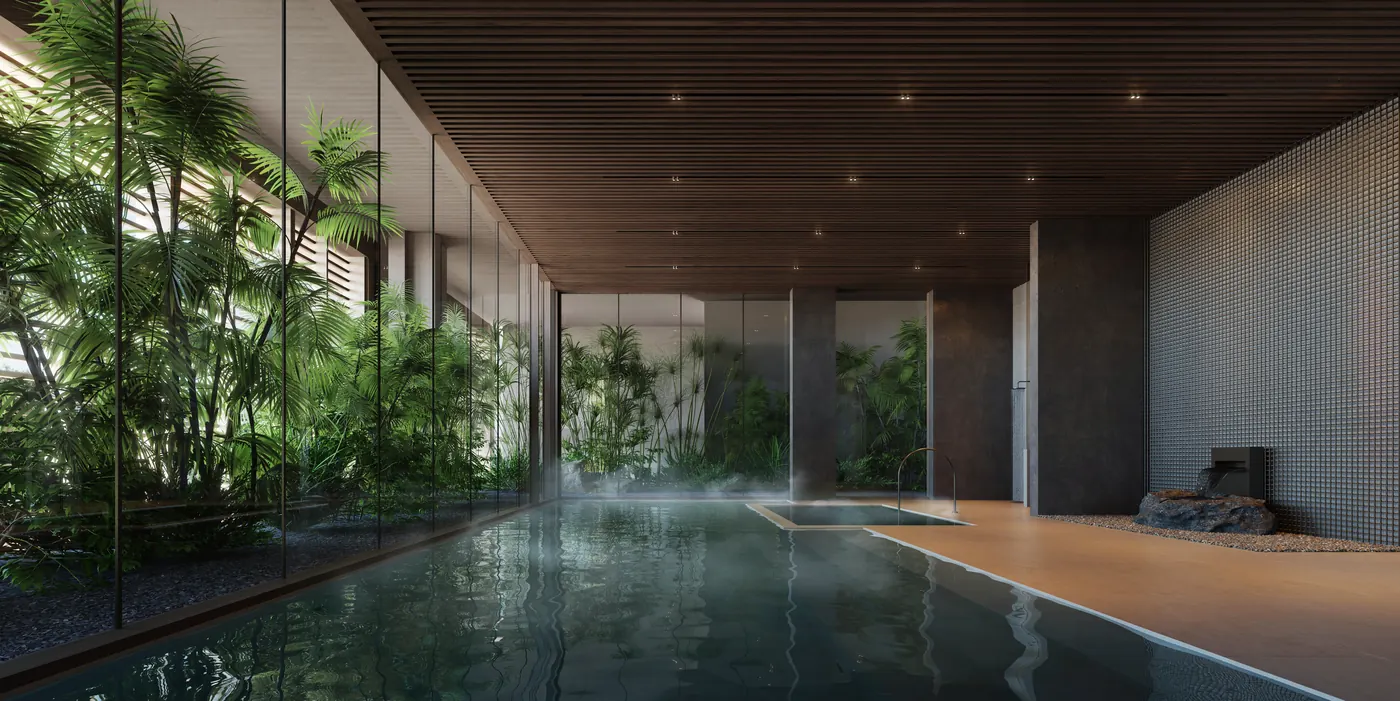 Hot and cold baths in a planted courtyard