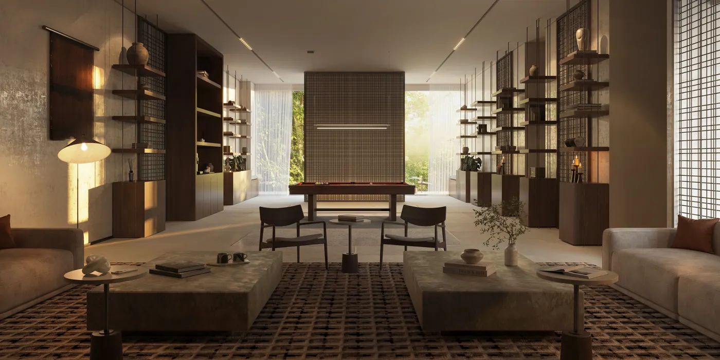 Library and gaming lounge with timber shelving and soft seating