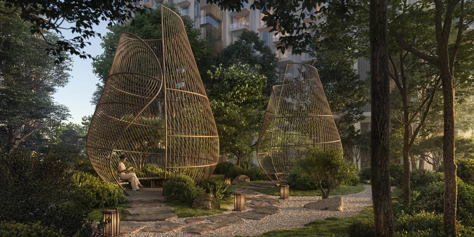 Pod Garden with woven pavilions under the trees