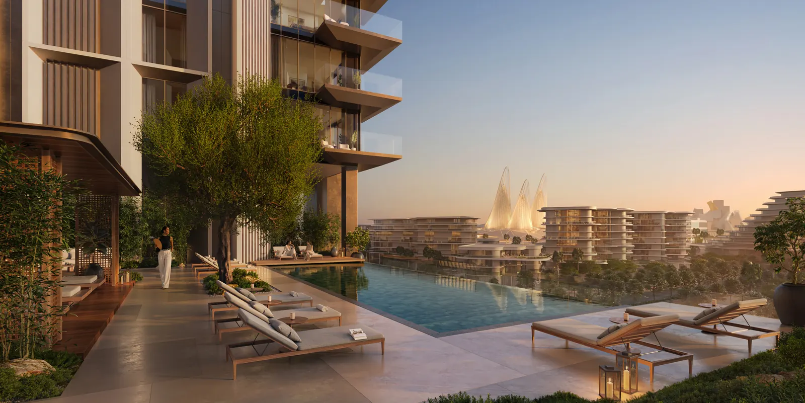 Rooftop infinity pool with loungers and views over the Cultural District