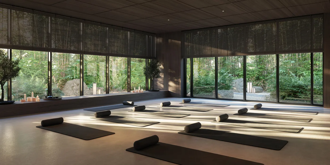 Mind and body studio for yoga, opening onto trees
