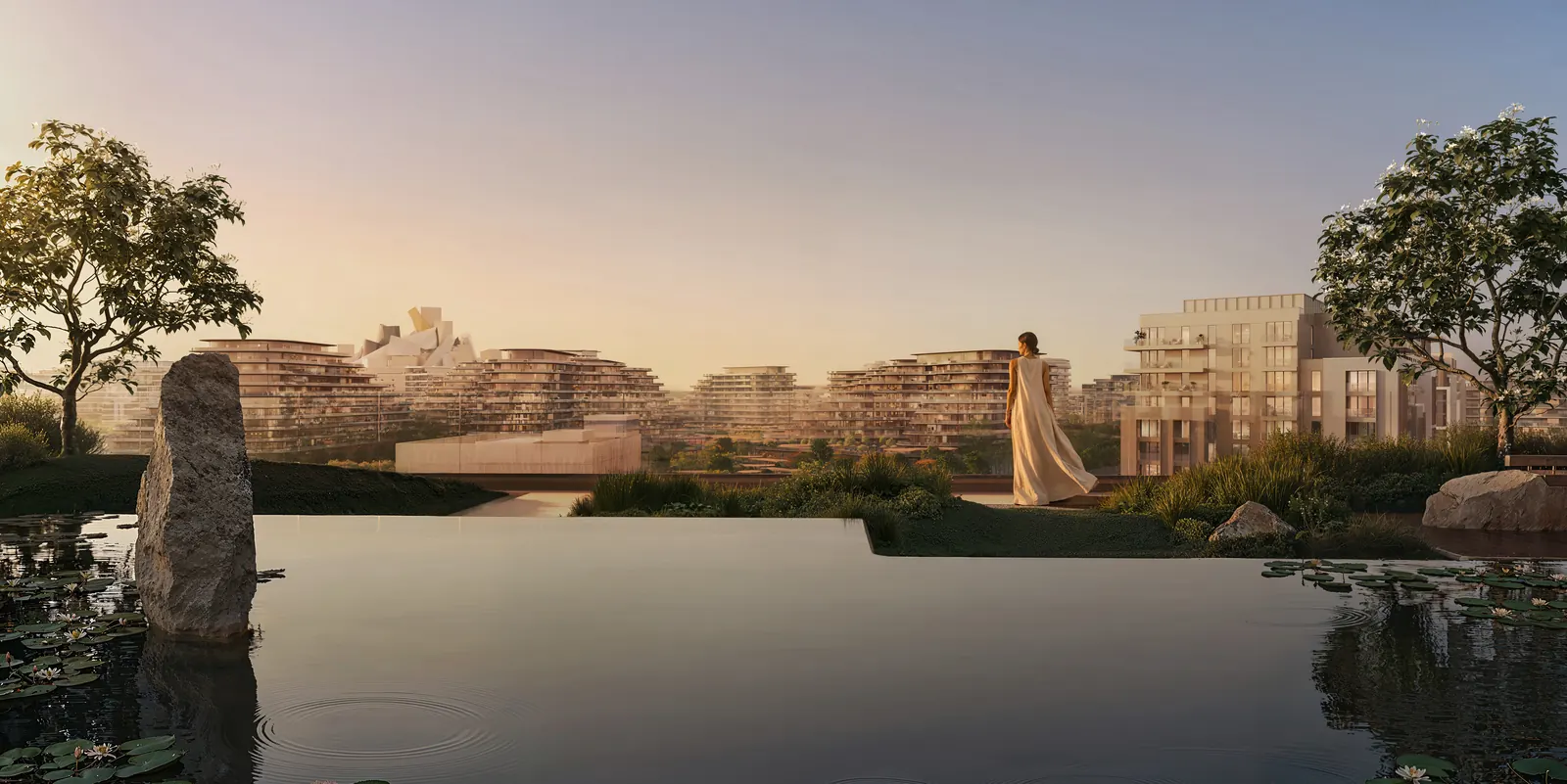 Zen garden and serenity pool at sunset
