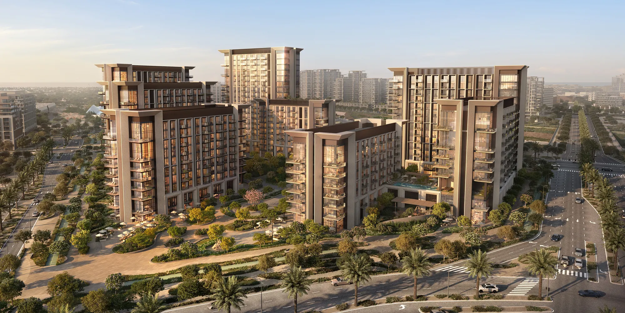 Sei Saadiyat’s terraced residential towers arranged around landscaped courtyards
