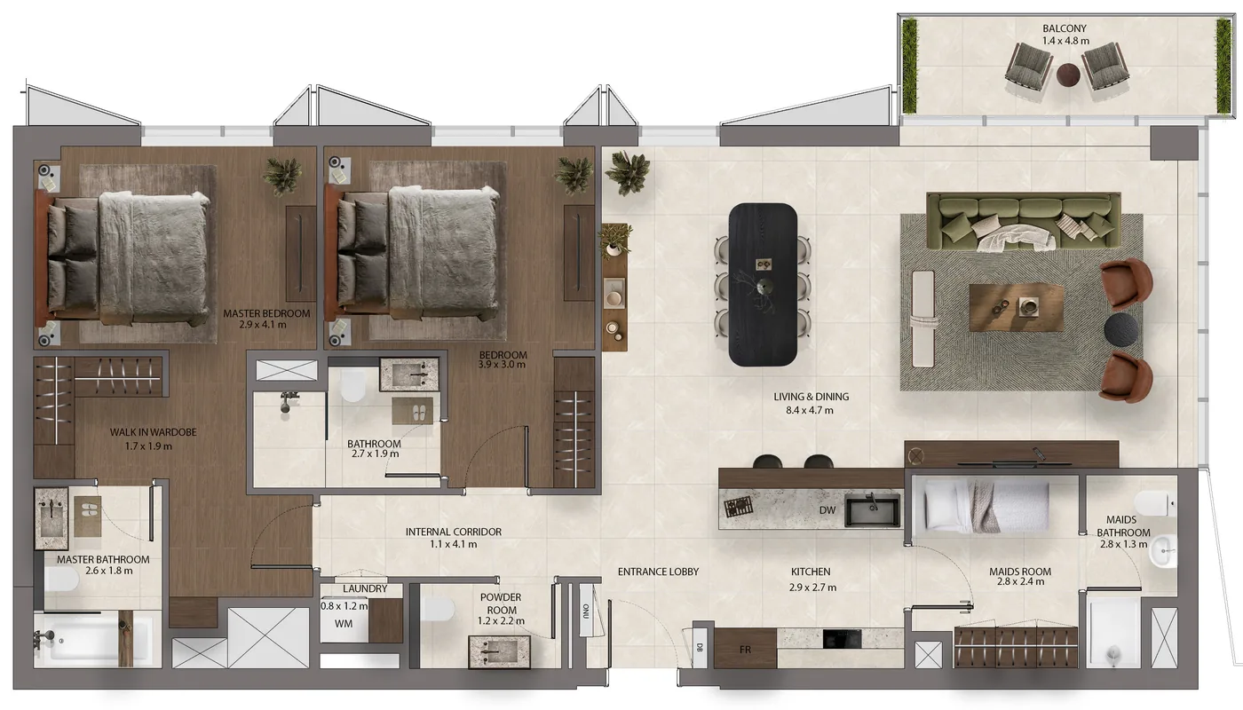 Floor plan: 2 Bedroom + Maid, Type 1