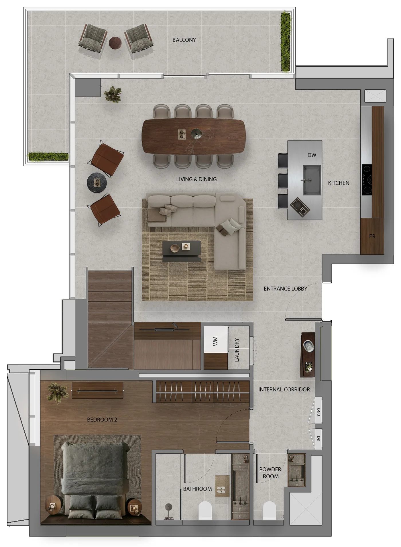 Floor plan: 2 Bedroom Kanso Loft, Type A, lower level