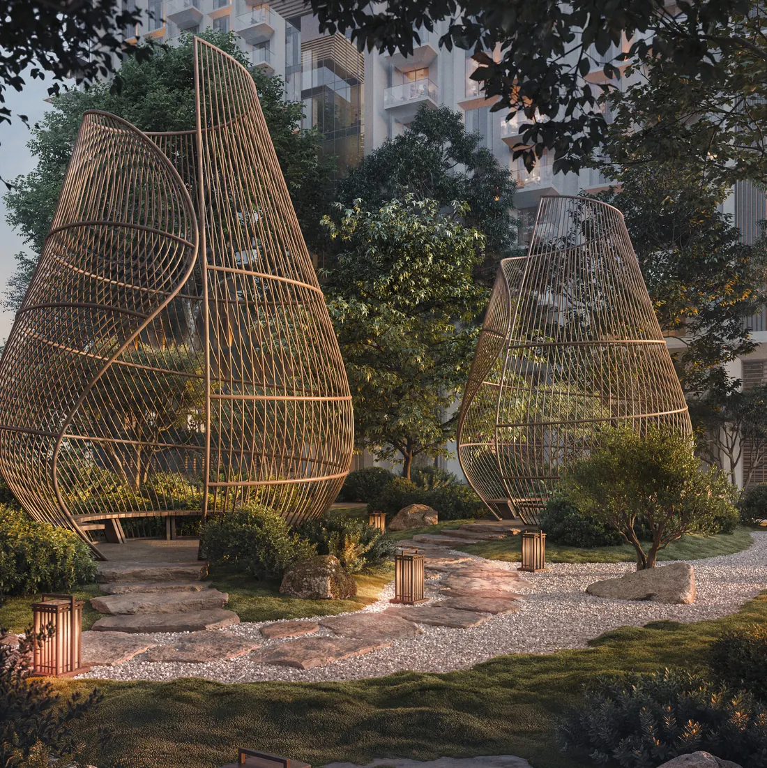 Woven rattan pods rise among the trees of the Pod Garden