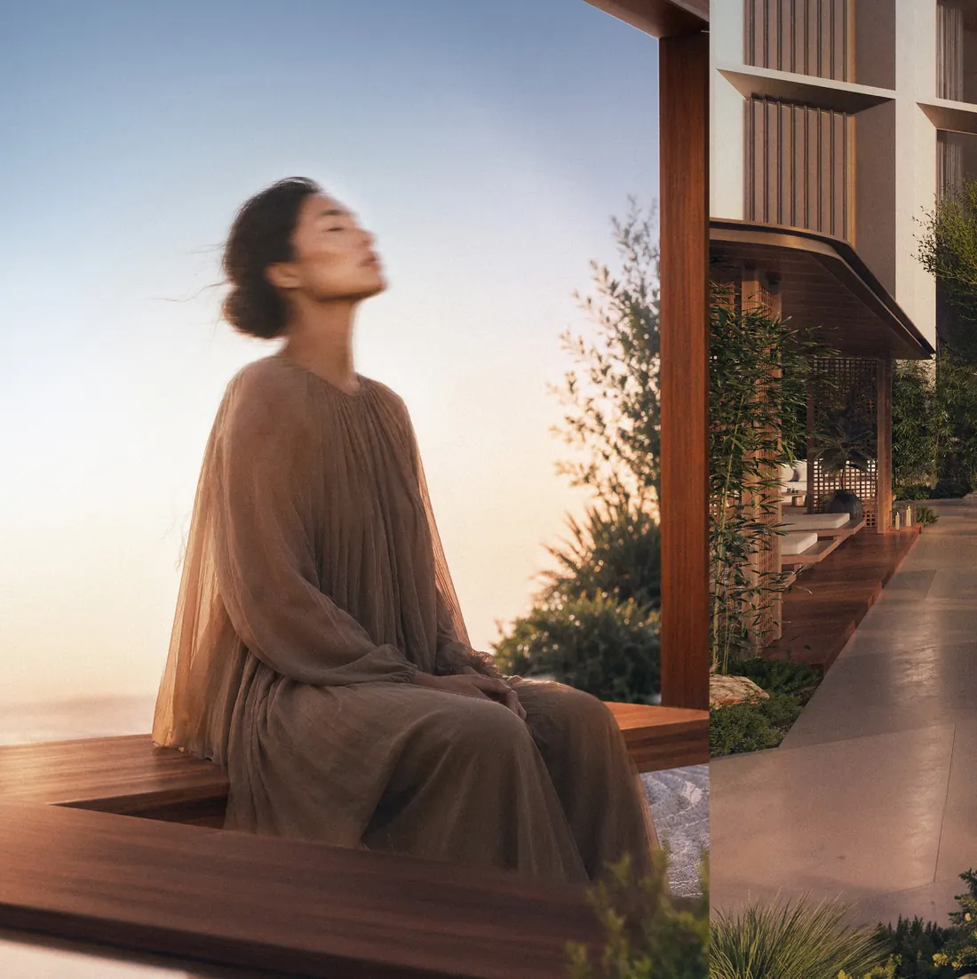 A woman sits in quiet reflection on a timber bench in warm evening light